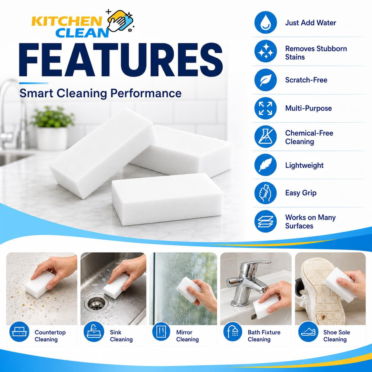 Kitchen Magic Cleaning Sponge (Pack of 3)| Heavy Duty Melamine Eraser Pad |